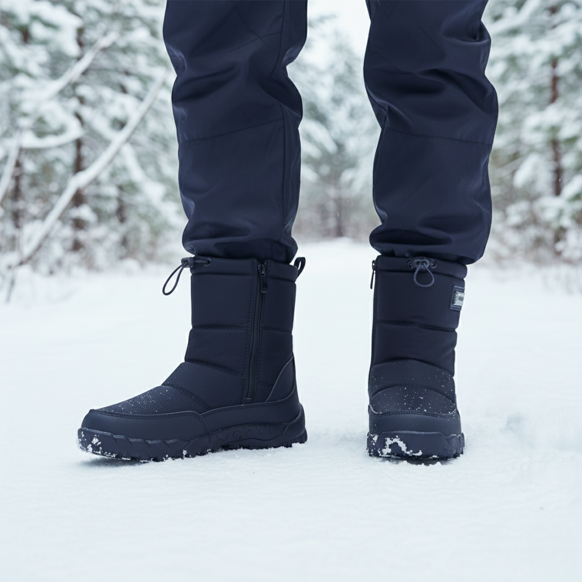 Men's insulated snow boots in dark blue with lace-up closures and snow-dusted outsole tread