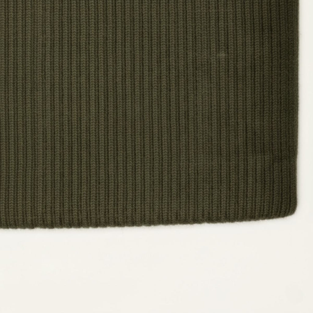Olive green ribbed-knit cardigan hem with cuffed bottom edge