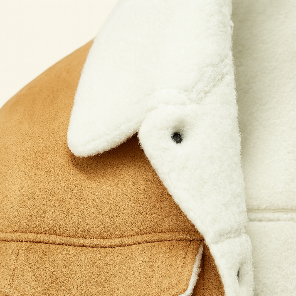 Close-up of khaki suede jacket with white sherpa lining and a rounded button