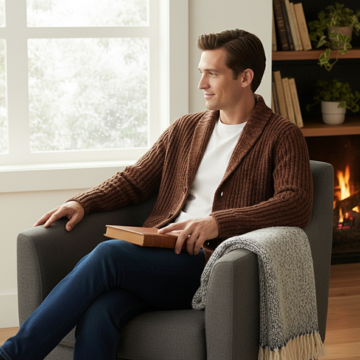 Men's chunky knit shawl-collar cardigan, brown, button front, shawl lapel, long sleeves