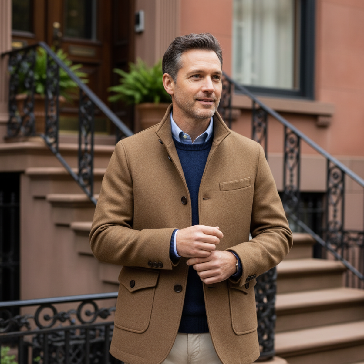 Men's tan wool overcoat with stand collar, button front, and flap pockets