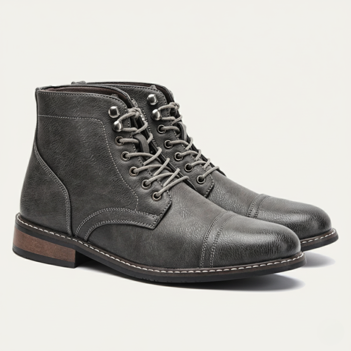 Men's lace-up ankle boots in dark gray faux leather with metal eyelets and rugged sole