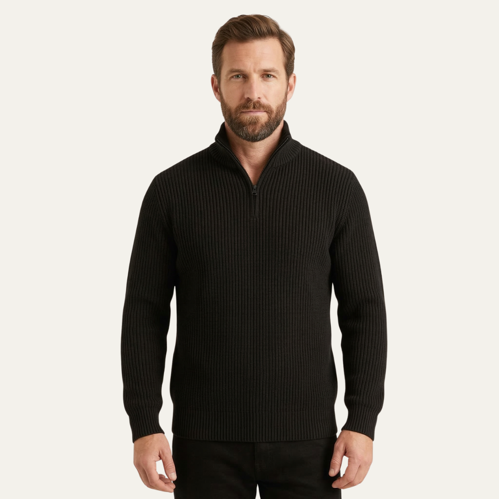 Men’s black merino wool half-zip sweater on model, rib-knit texture and long sleeves
