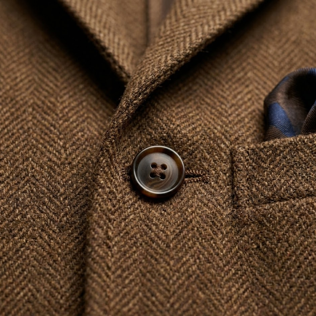 Herringbone wool fabric with dark button detail and visible stitching.