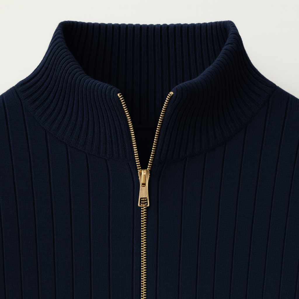 Men's ribbed half-zip sweater in navy blue, close-up of gold-tone zipper detail.
