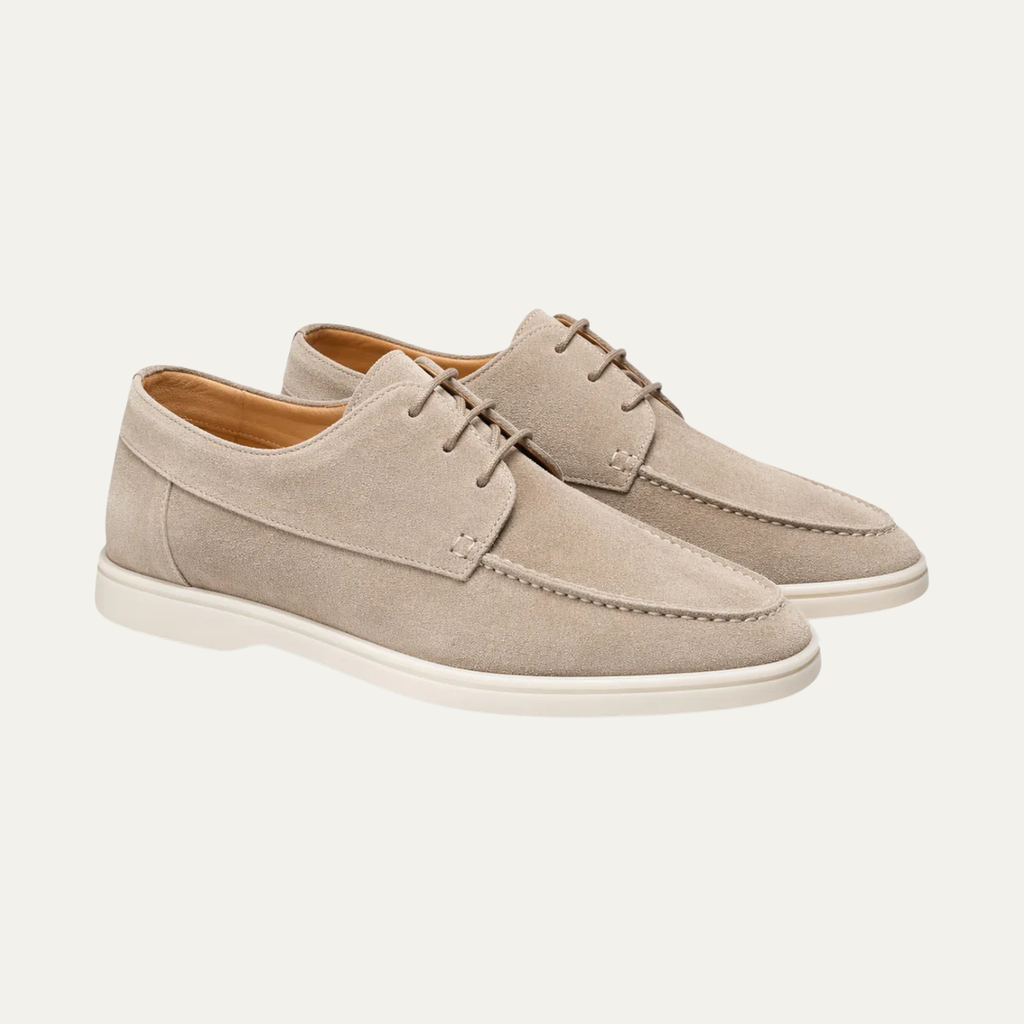 Men’s suede lace-up dress shoes in beige, side view with contrasting tan lining