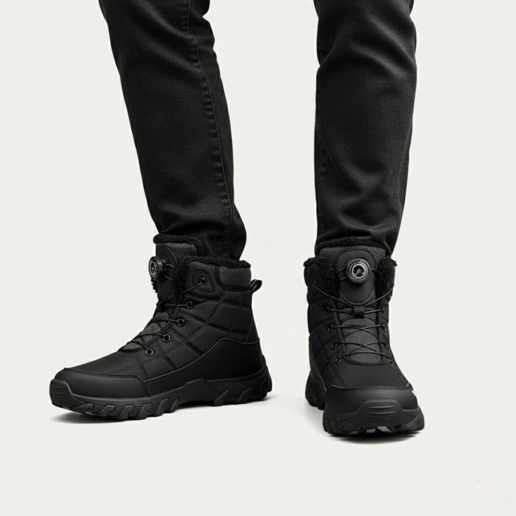 Men's black lace-up snow boots with chunky tread and cushioned ankle cuffs