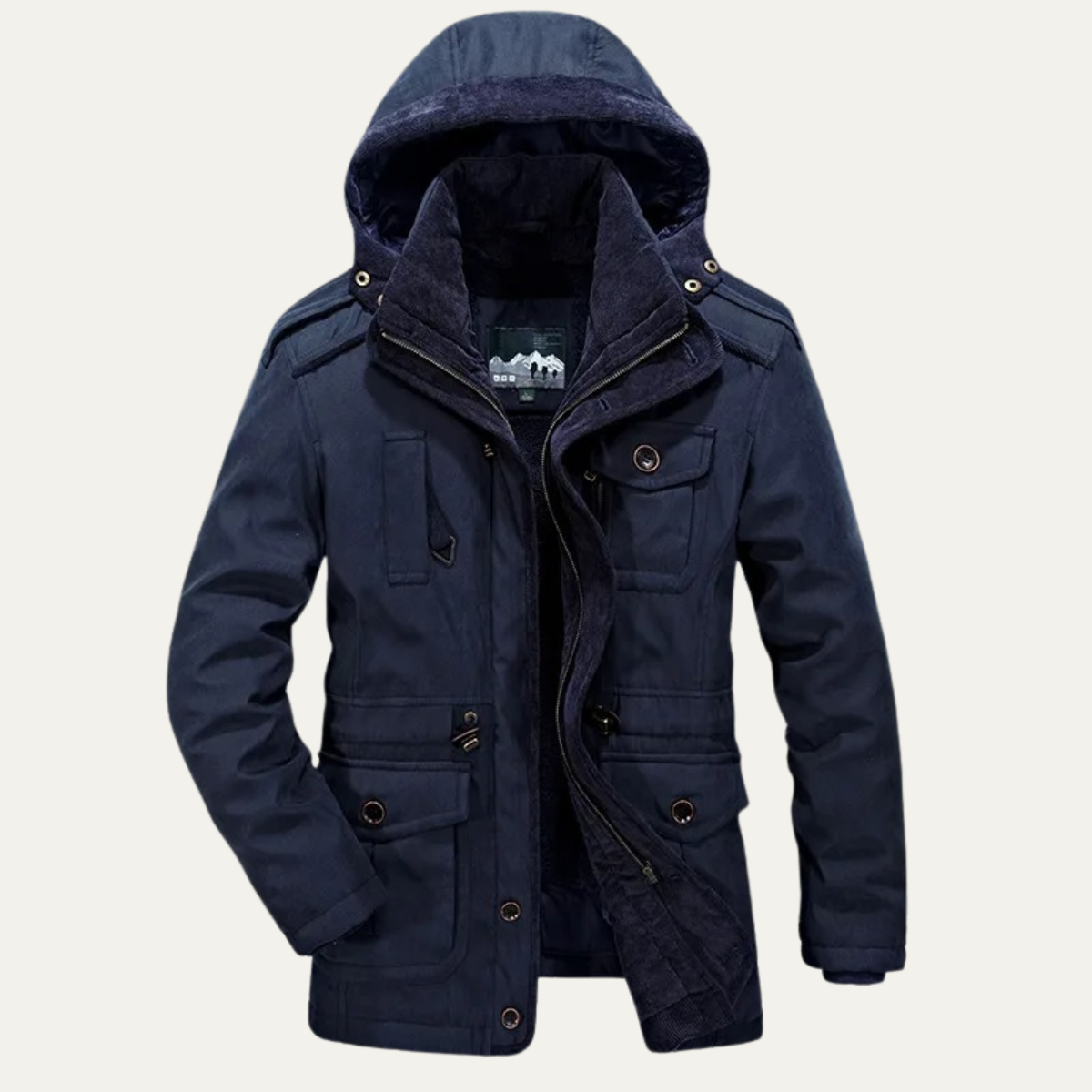 Men's insulated hooded parka jacket in navy blue, faux-fur lined hood and cargo pockets