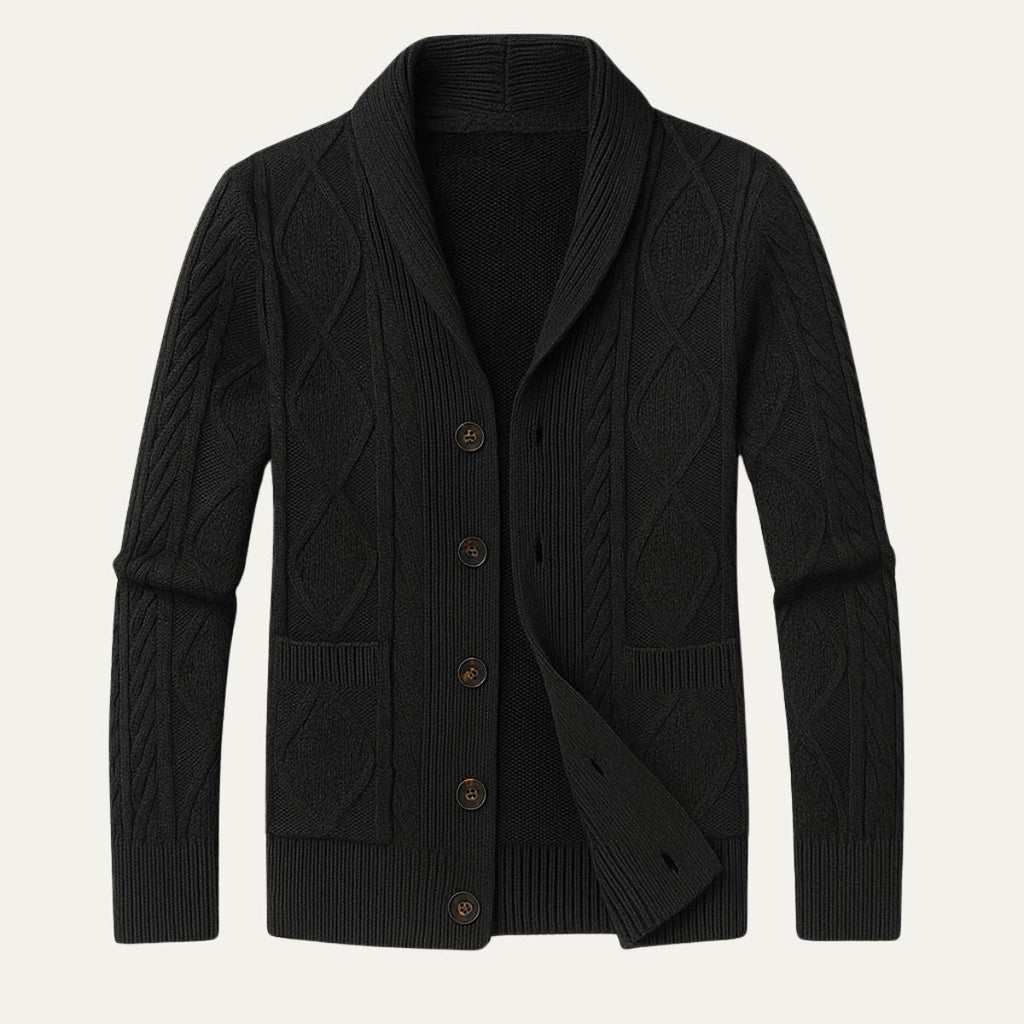 Men's black cashmere cardigan with shawl collar, four-button front, textured cable knit