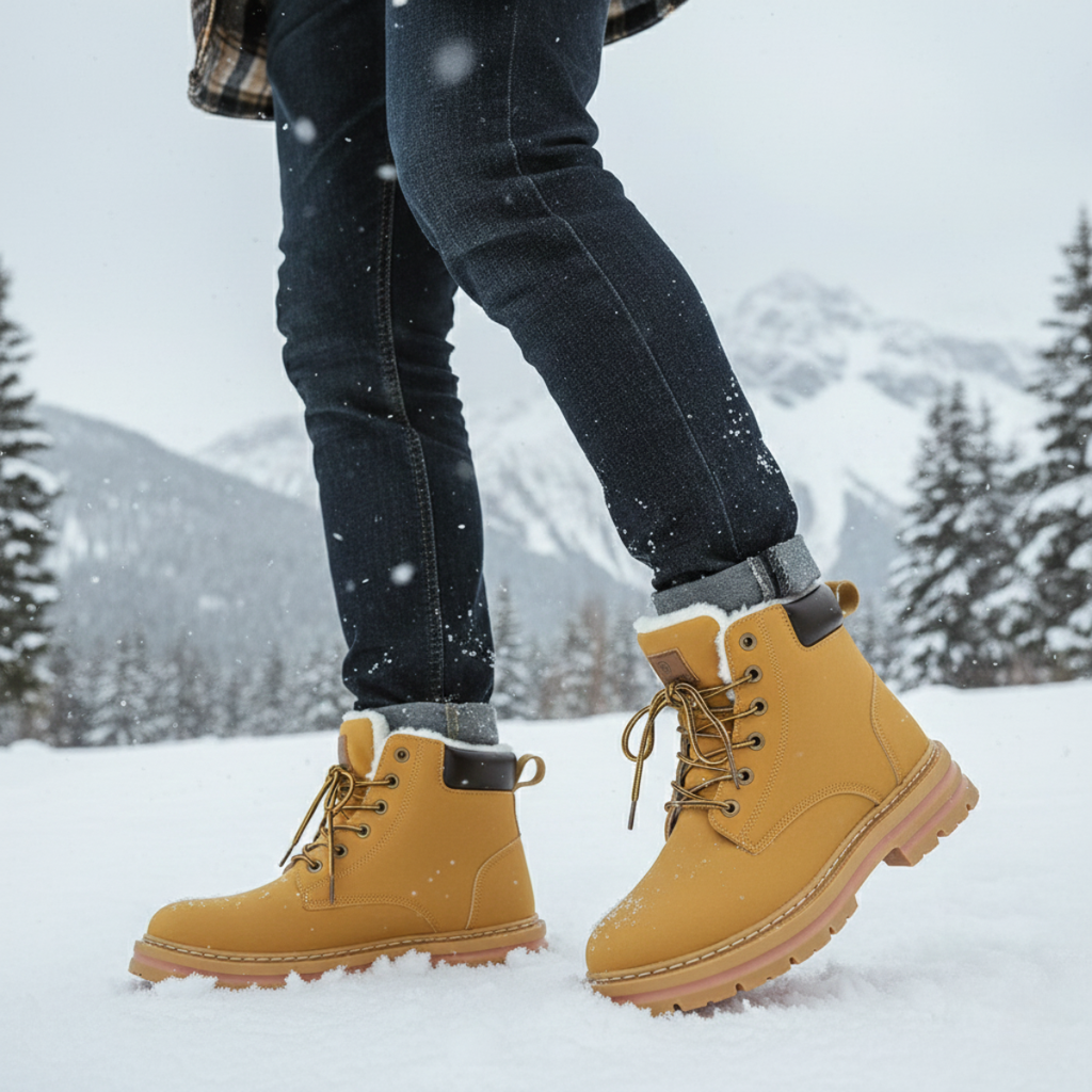 Tan lace-up snow boots with fur collar and chunky rubber outsole