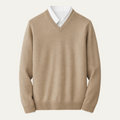 Men's beige cashmere V-neck sweater with ribbed cuffs and hem.