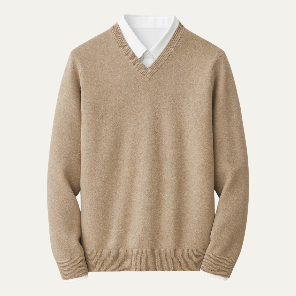 Men's beige cashmere V-neck sweater with ribbed cuffs and hem.