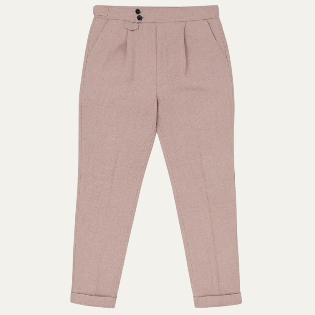 Men's high-waisted pleated dress pants in light pink, belt loops and button closure