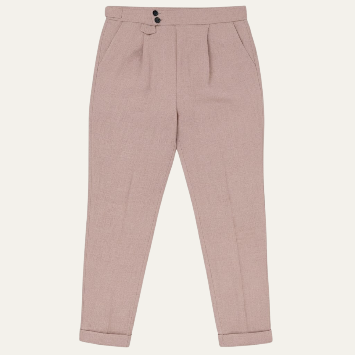 Men's high-waisted pleated dress pants in light pink, belt loops and button closure