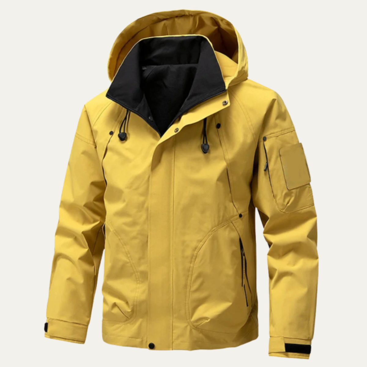 Yellow waterproof rain jacket with hood, zip front, drawstring cuffs, side pockets