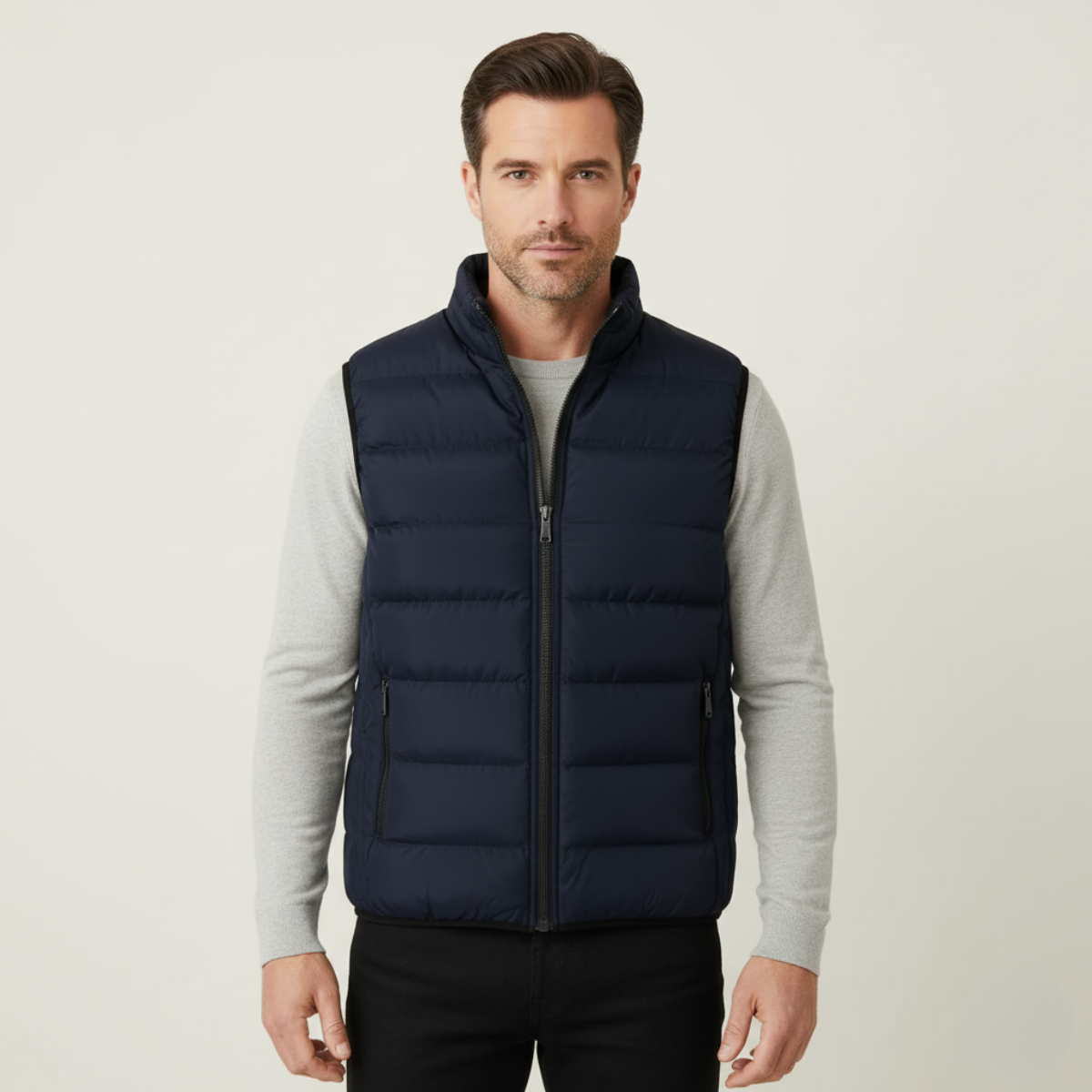 Men's navy puffer quilted vest with front zipper and stand collar, worn