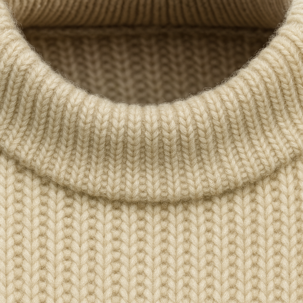 Cream cashmere crewneck sweater collar close-up with ribbed knit texture