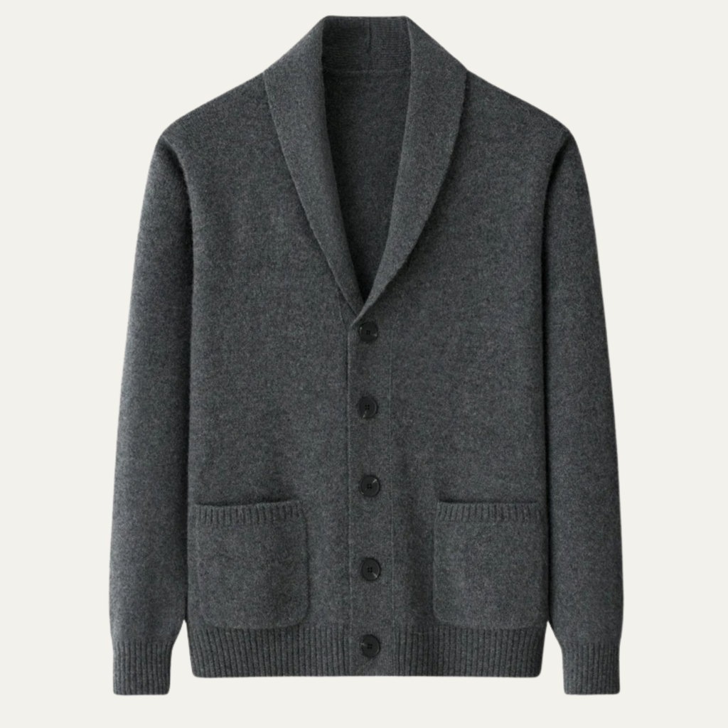 Men’s heather dark gray shawl-collar knit cardigan with button front and patch pockets