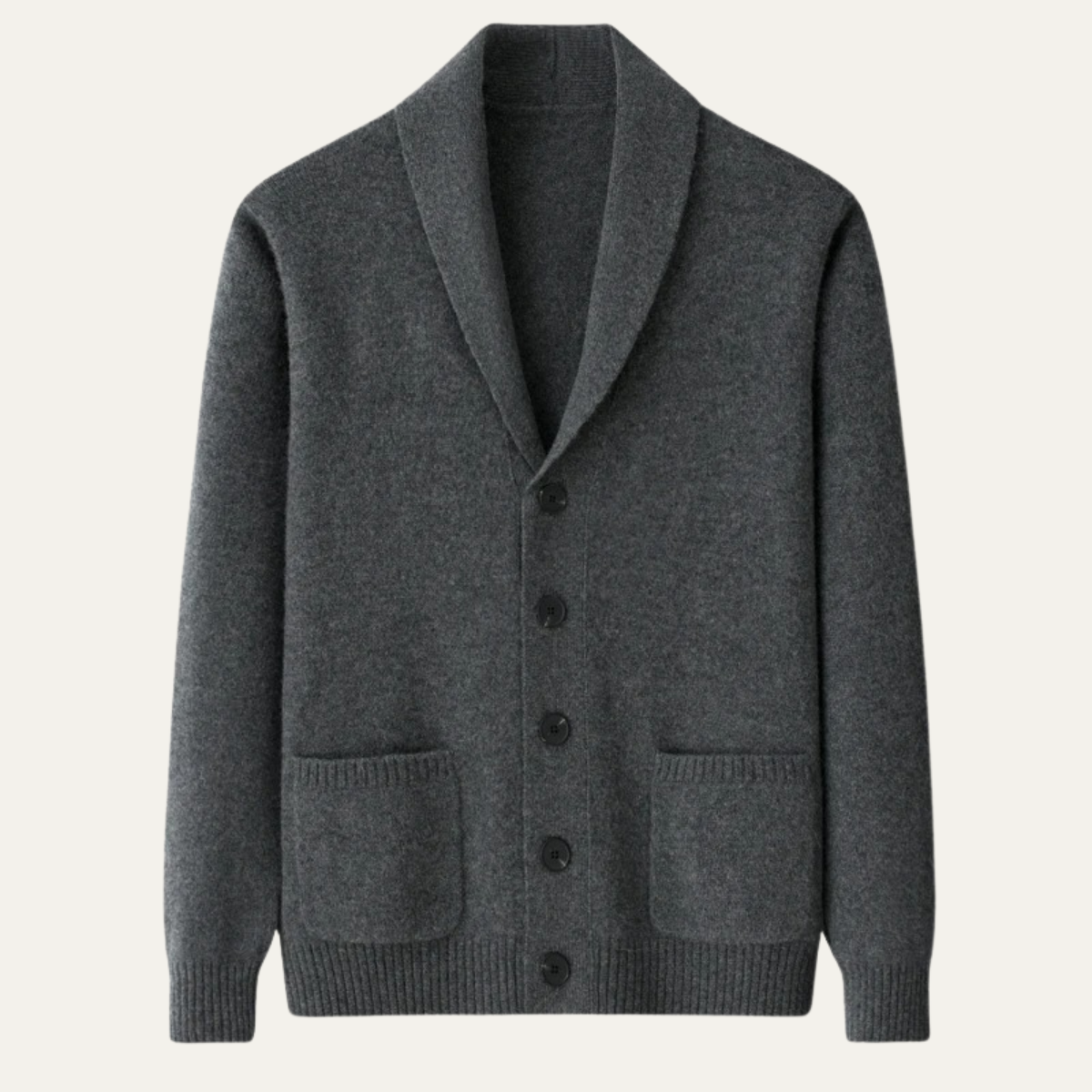 Men’s heather dark gray shawl-collar knit cardigan with button front and patch pockets
