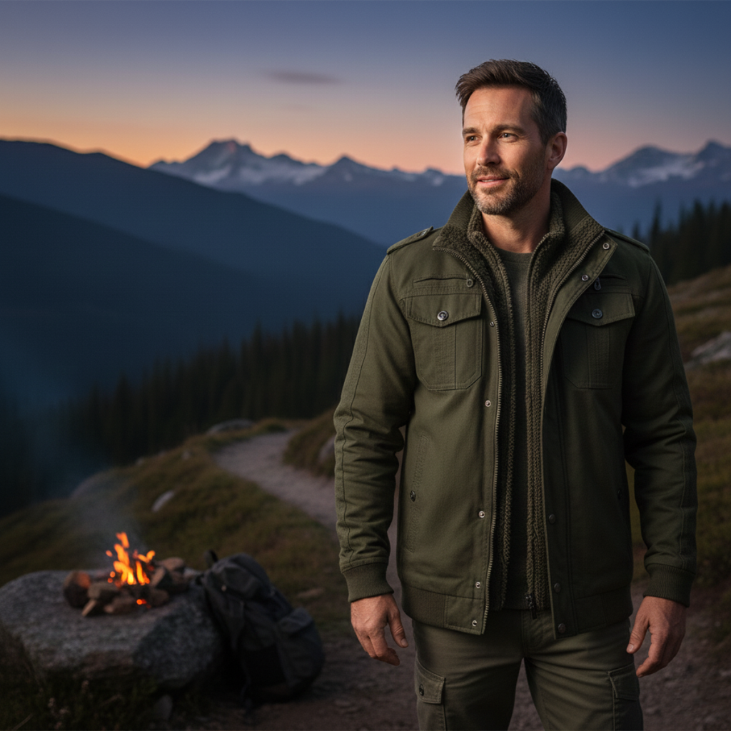 Army green men’s thermal zip-up fleece-lined jacket with stand collar and front zip
