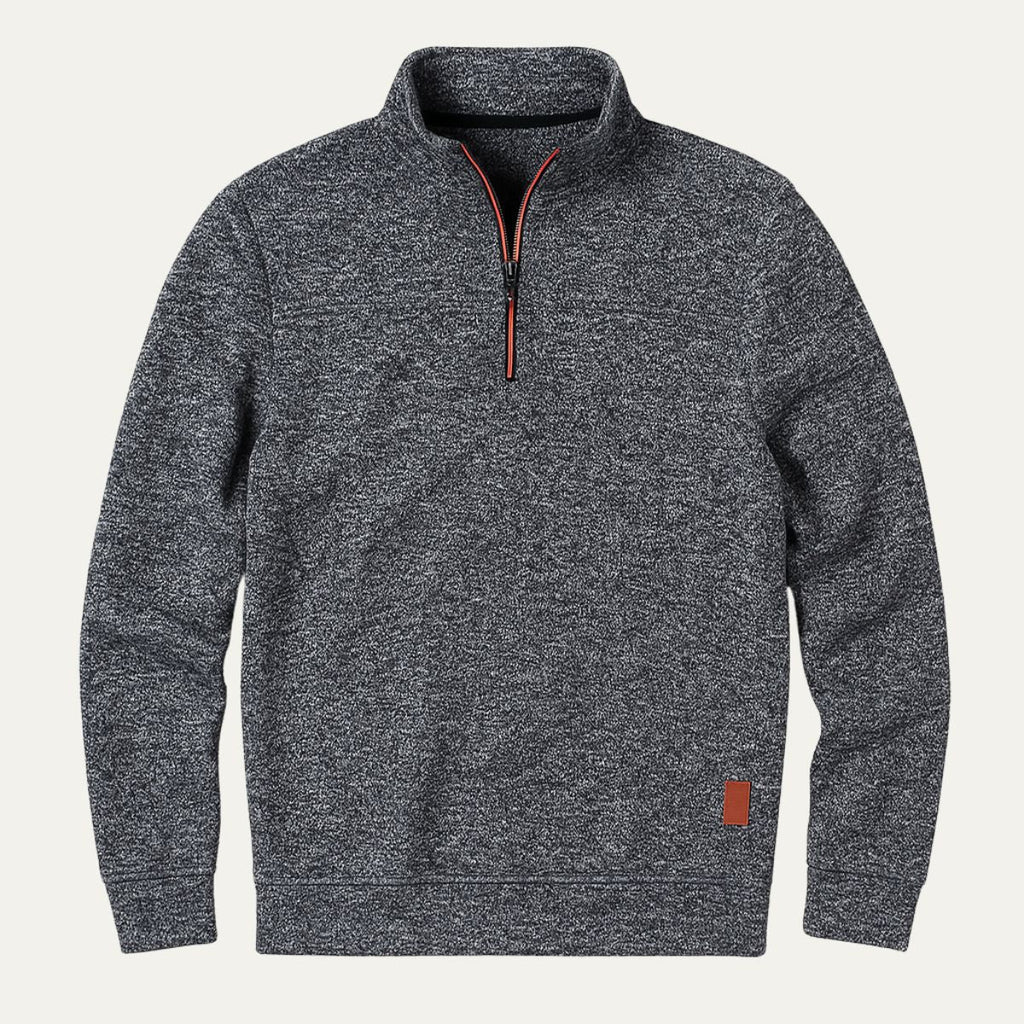 Men's dark heather gray half-zip fleece pullover with red-trim zipper and long sleeves, tan patch