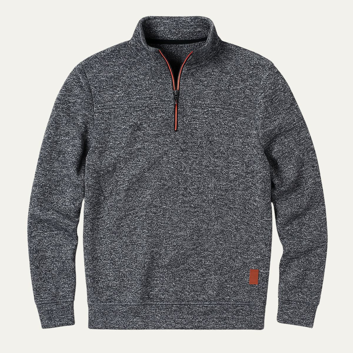 Men's dark heather gray half-zip fleece pullover with red-trim zipper and long sleeves, tan patch