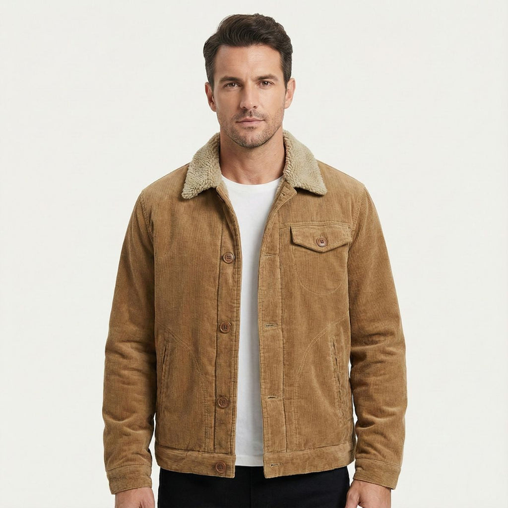 Men's tan corduroy winter jacket with sherpa collar, button front, and chest pocket