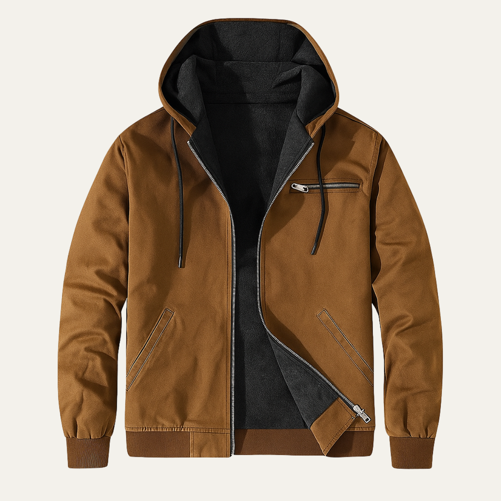 Men’s hooded fleece-lined winter jacket, brown outer with dark gray lining and drawstrings.