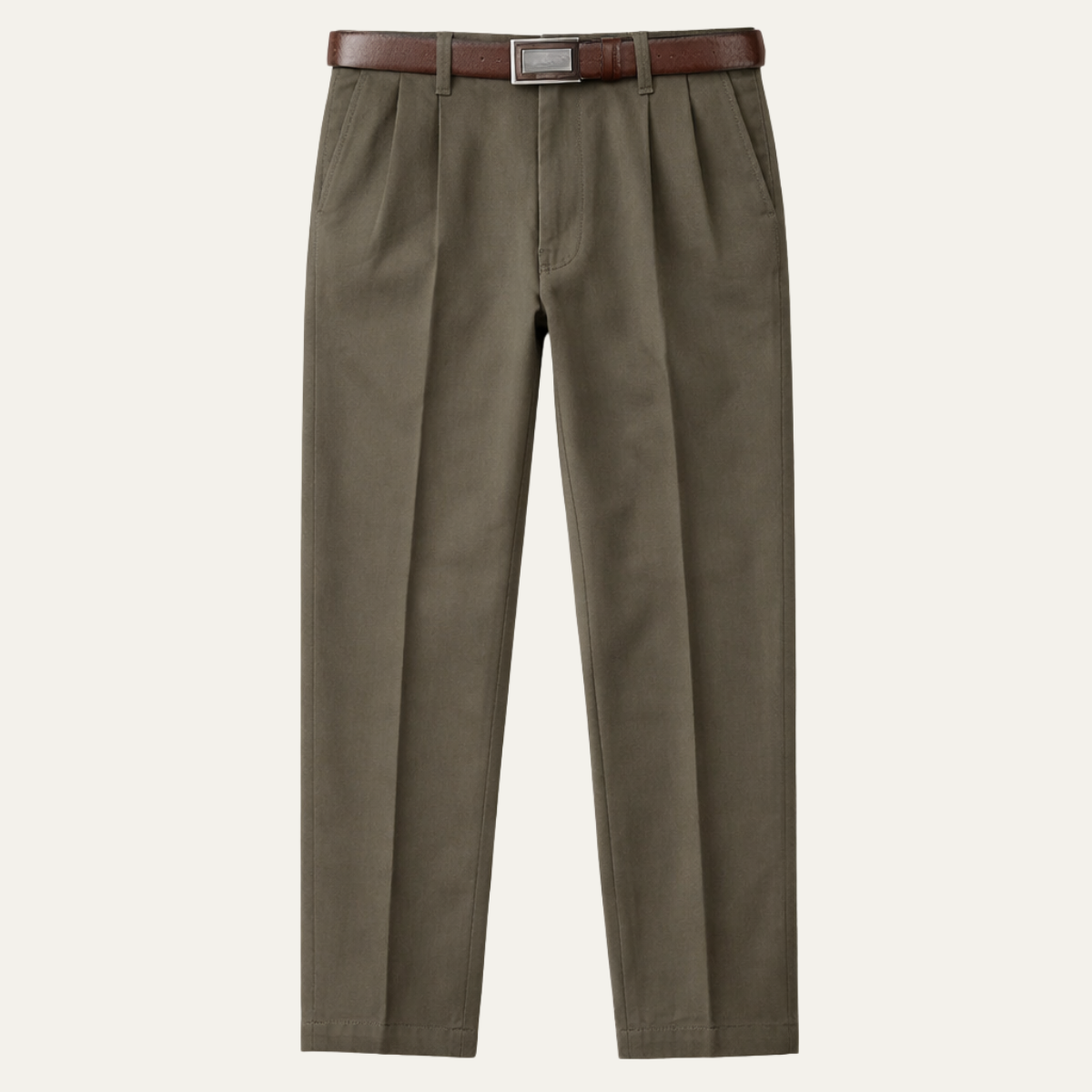 Men's double-pleated high-waist straight-leg pants in dark khaki, belt loops
