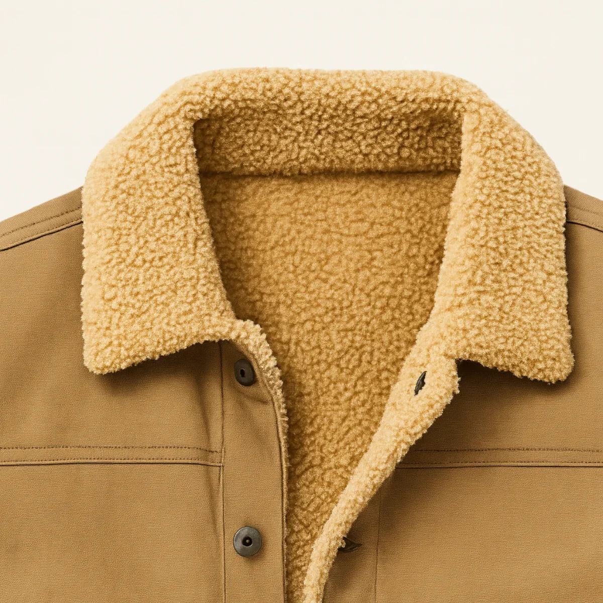 Men’s beige fleece-lined jacket with thick sherpa collar and button placket