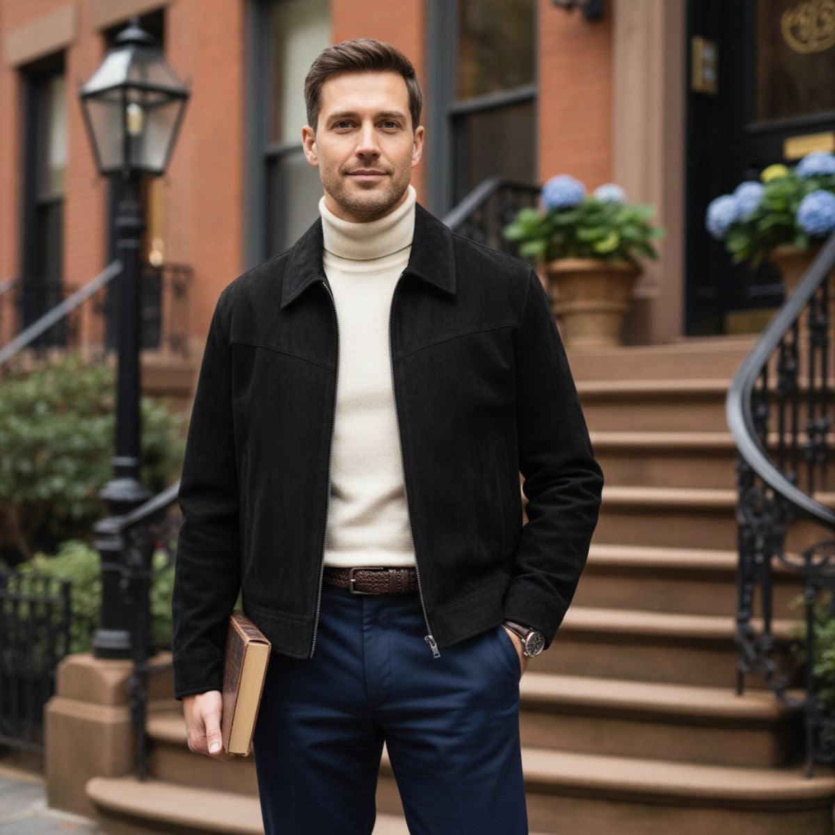 Black suede zip-up jacket with point collar and front zipper on a dressed model