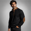 Men's black patterned half-zip sweater with elbow patches, standing collar and textured stripes