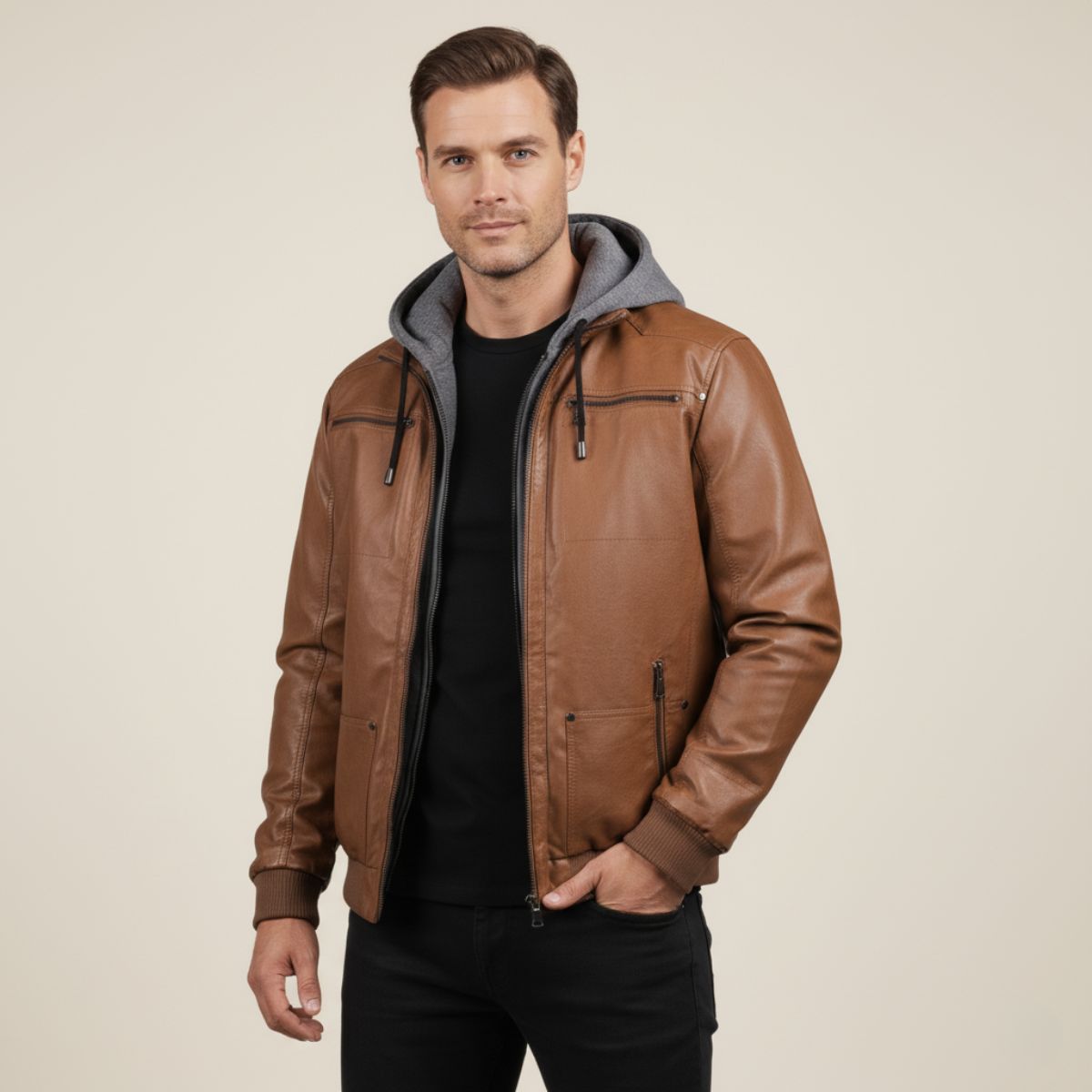 Men's hooded leather bomber jacket in brown with zip front, snap pockets, and ribbed cuffs
