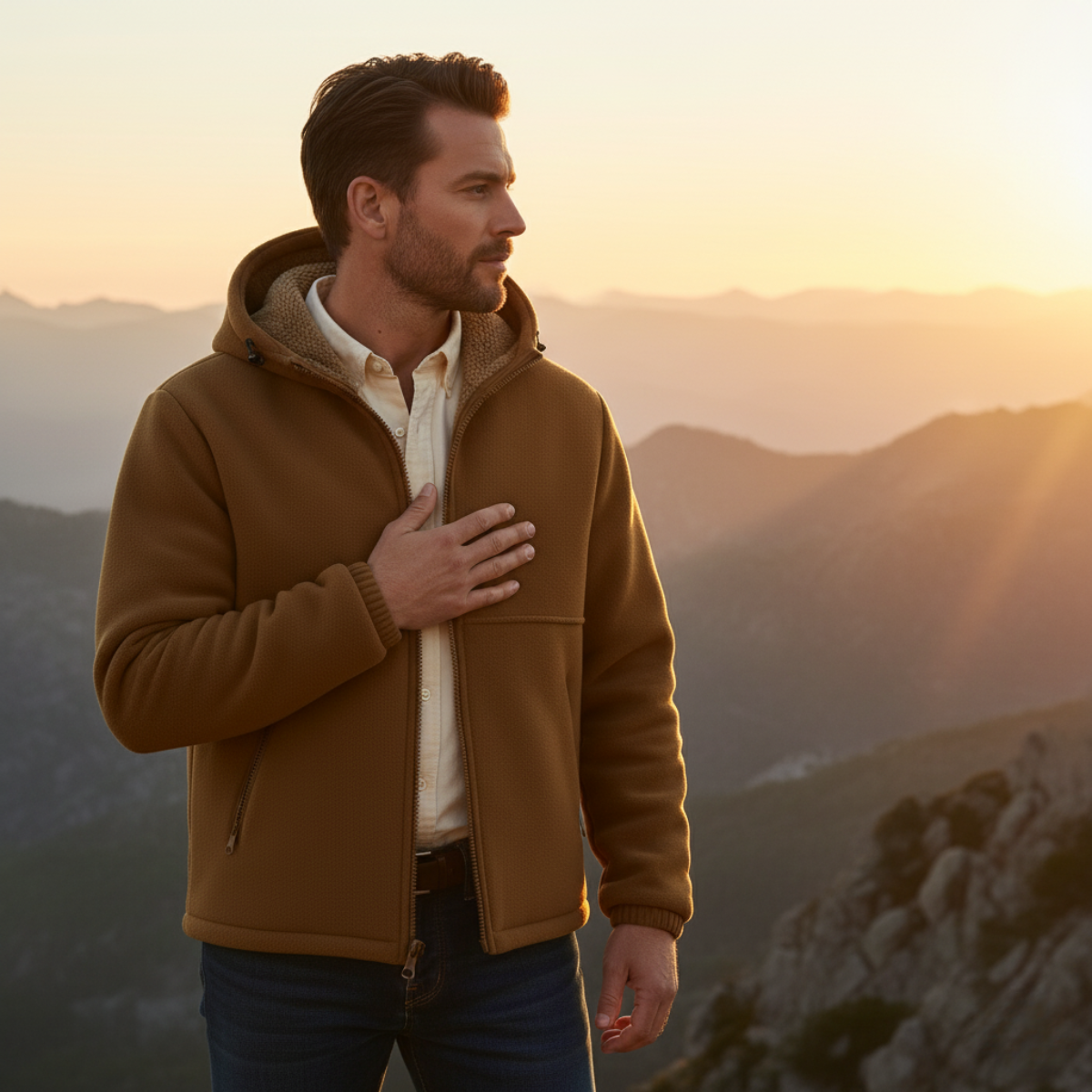 Men's fleece-lined hooded jacket, tan; model wearing, sherpa-lined hood and zip front