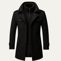 Black wool-blend pea coat with standing collar and double-breasted button front