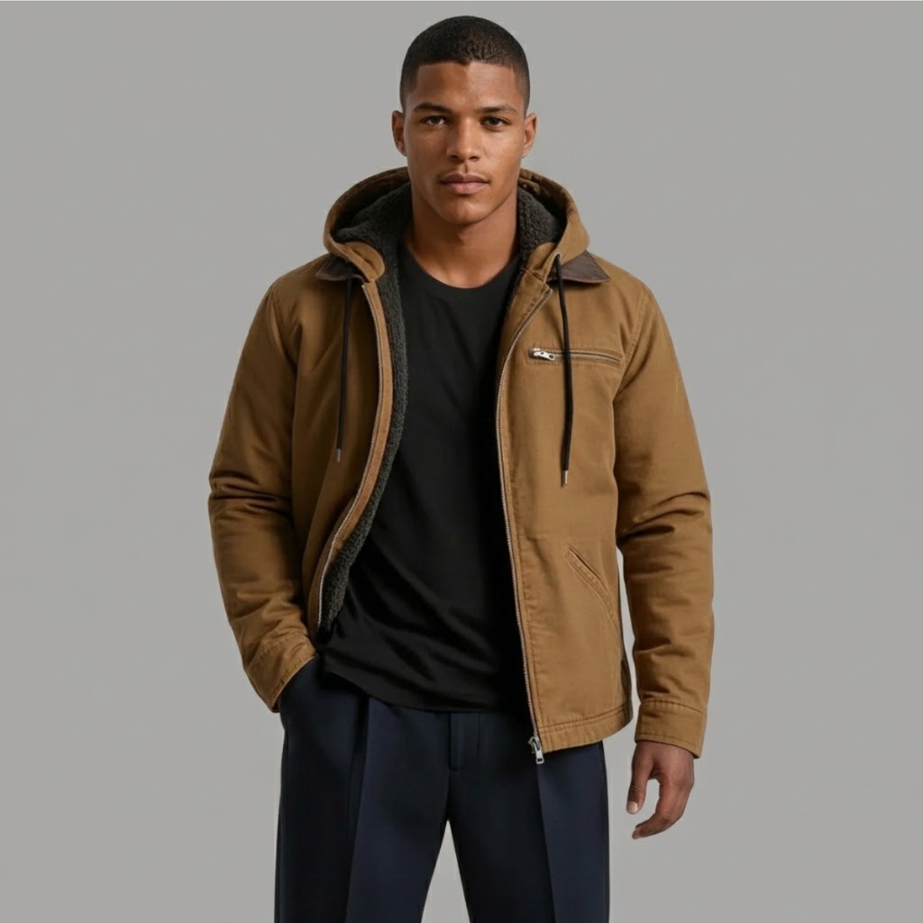 Men’s hooded fleece-lined winter jacket in brown with zip front and dark hood lining.