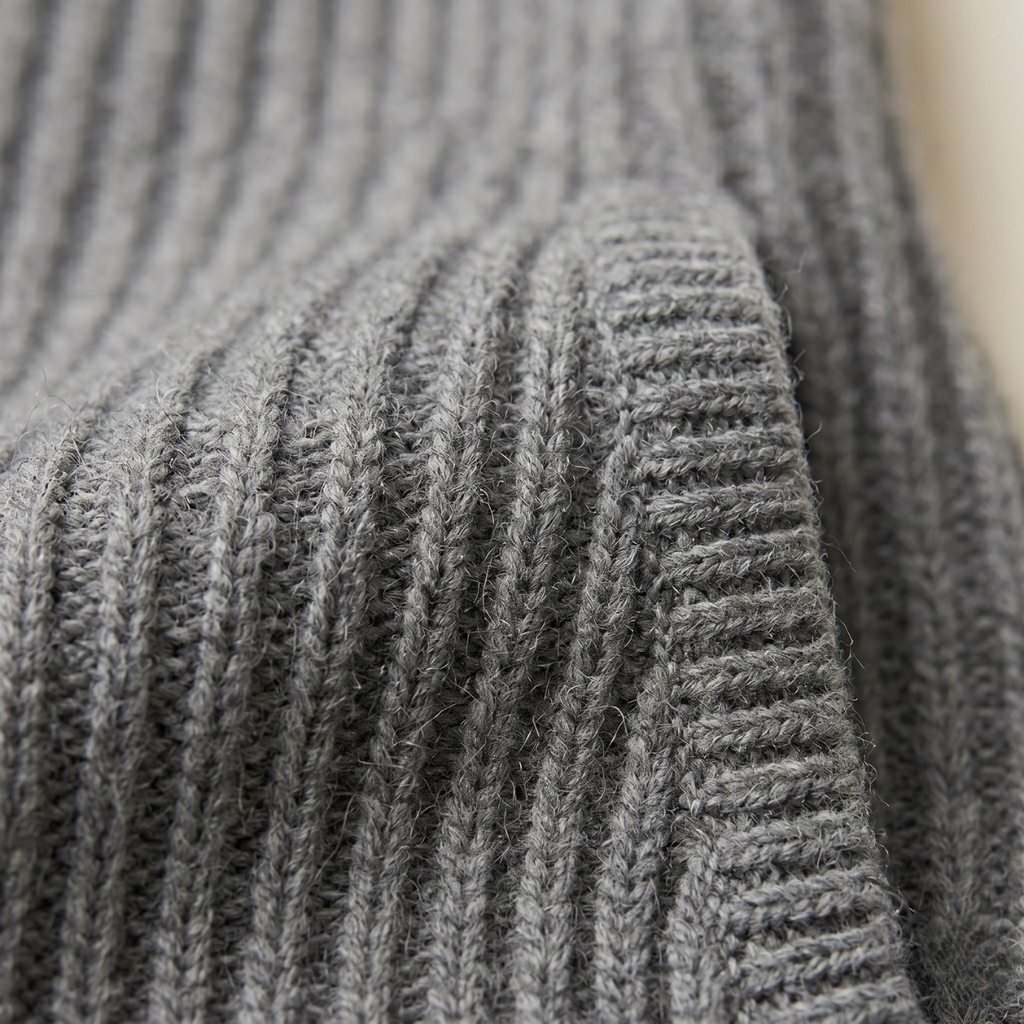 Gray chunky knit cardigan texture with ribbed pattern near patch-pocket area