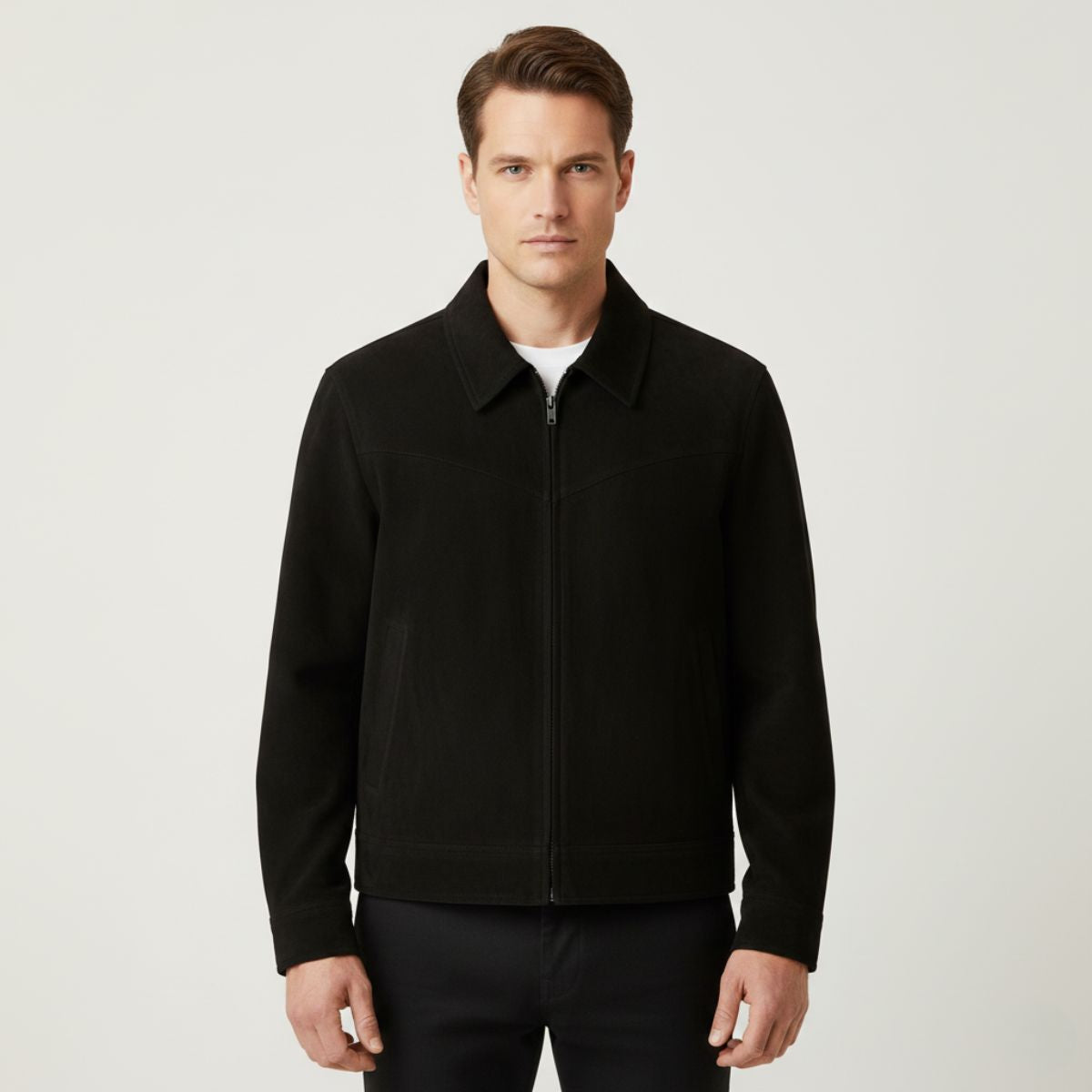 Black suede men's zip-up jacket with point collar and full front zipper