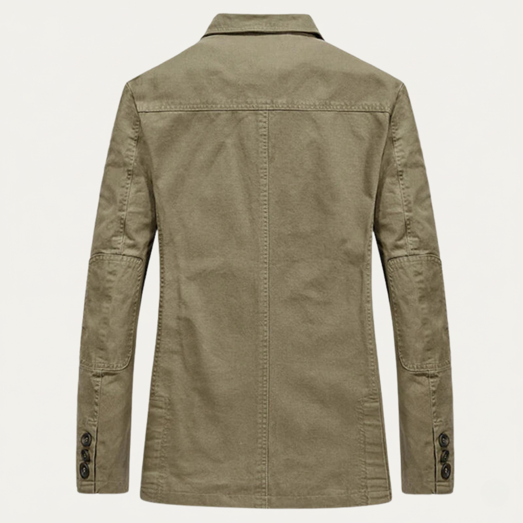 Khaki lightweight jacket back view with stand collar and buttoned cuffs