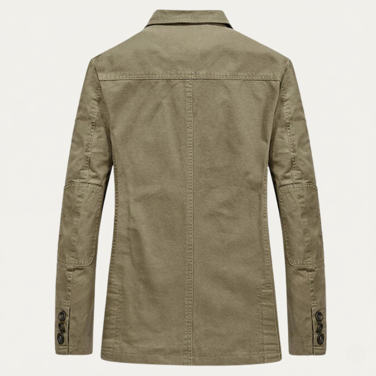 Khaki lightweight jacket back view with stand collar and buttoned cuffs