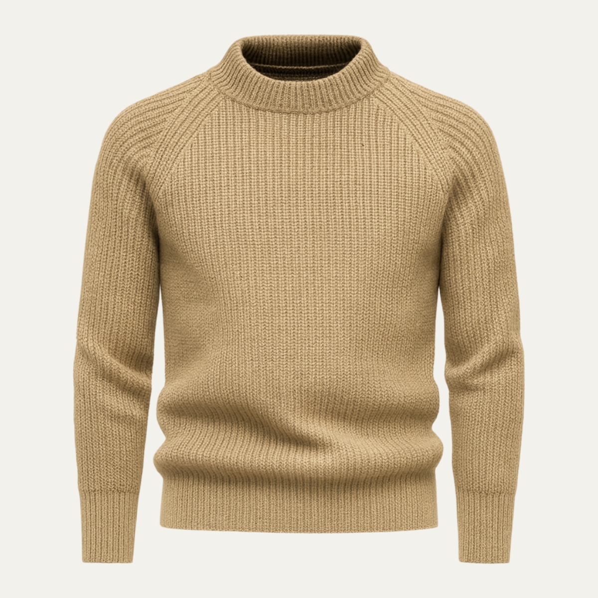 Men's 100% cashmere crewneck sweater, khaki knit with ribbed collar and cuffs