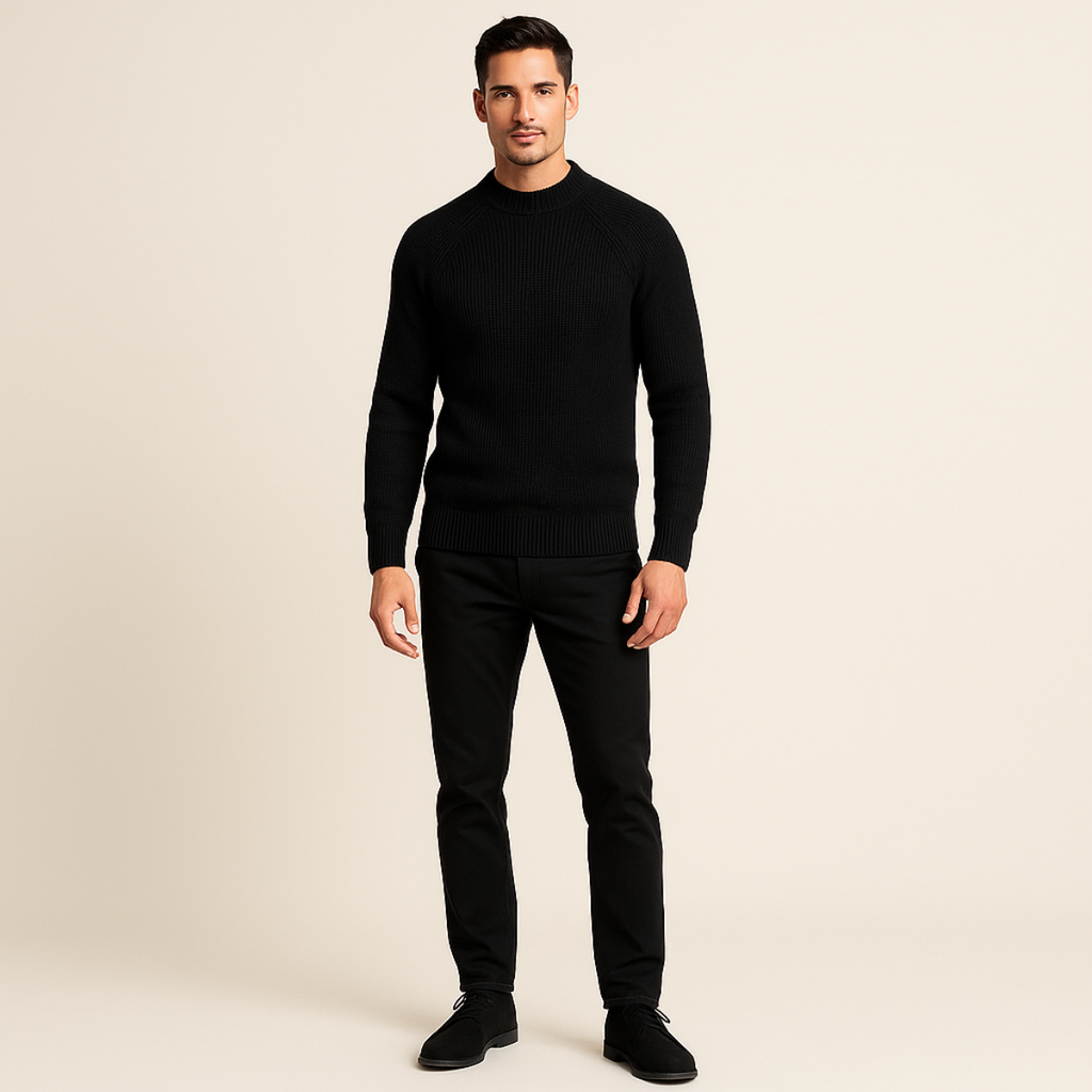 Men's black cashmere crewneck sweater with ribbed neckline, hem, and cuffs