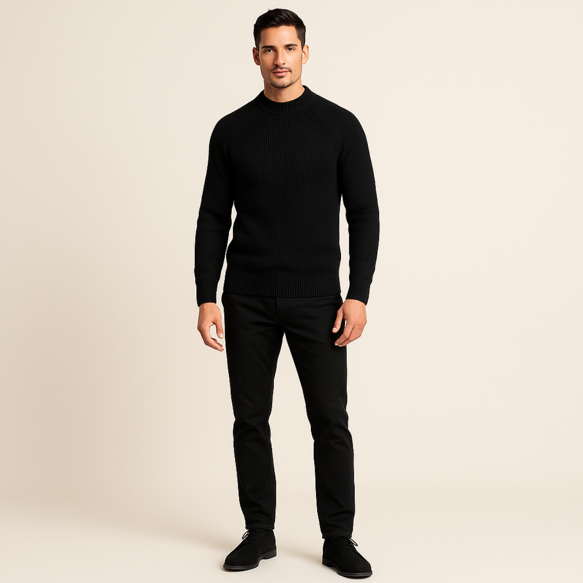 Men's black cashmere crewneck sweater with ribbed neckline, hem, and cuffs