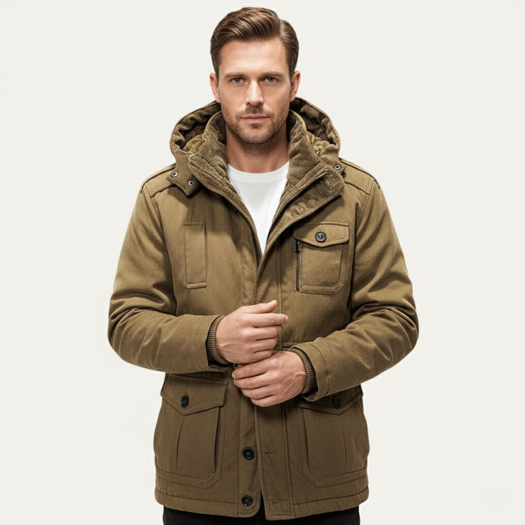 Men's insulated hooded parka jacket in khaki, zip front, buttoned flap pockets