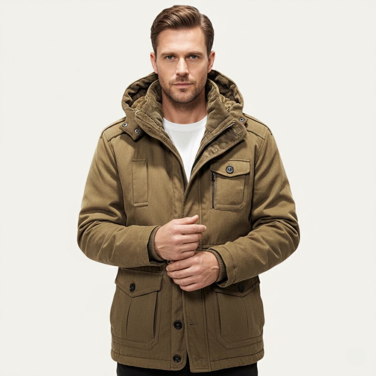 Men's insulated hooded parka jacket in khaki, zip front, buttoned flap pockets