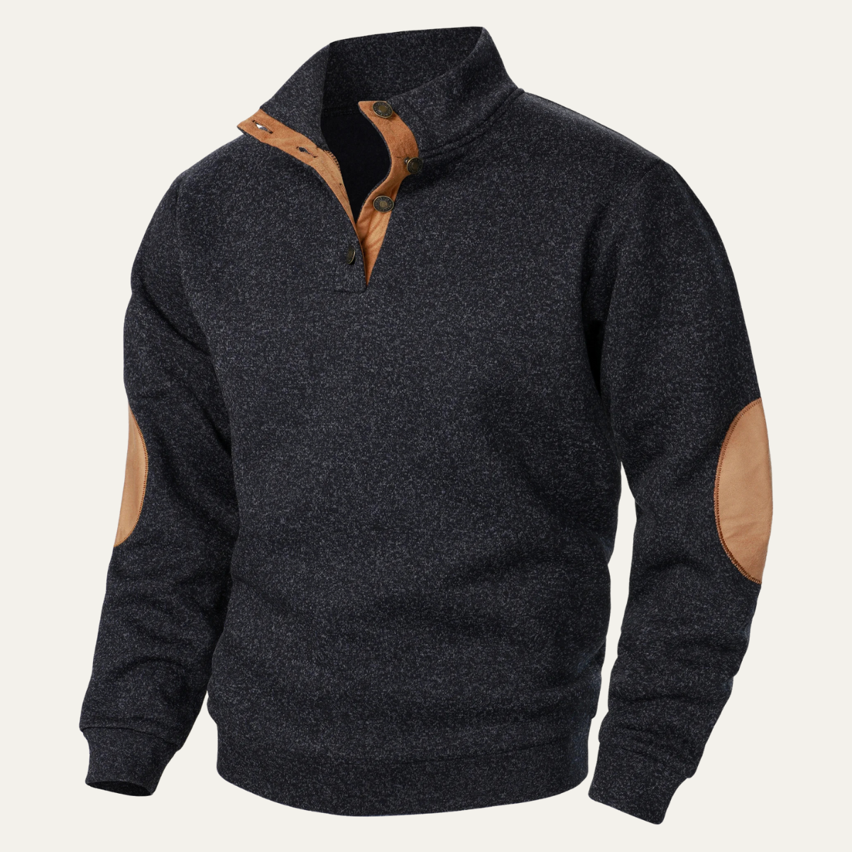 Men's black fleece stand-collar sweater with tan suede elbow patches and quarter-button placket