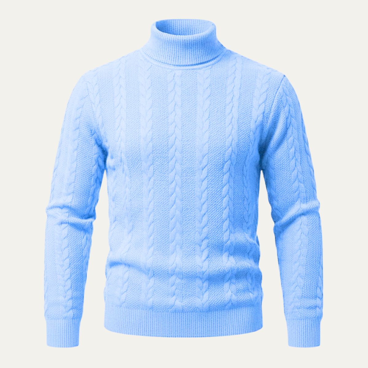 Men's light blue cable knit turtleneck sweater with ribbed cuffs and hem
