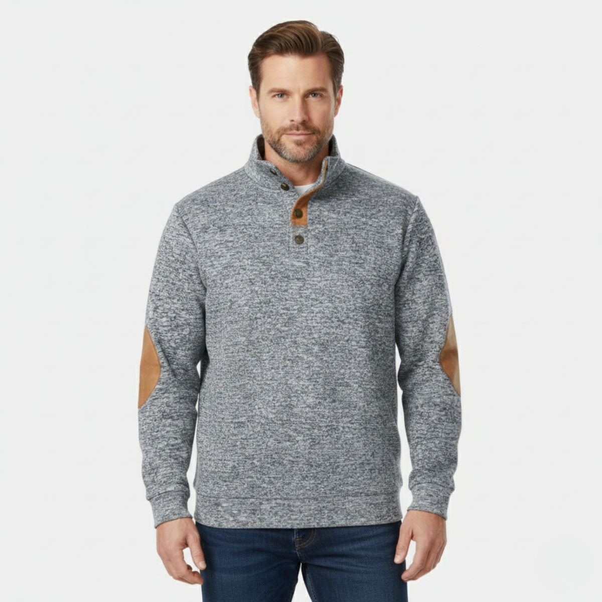 Men's light gray quarter-zip knit sweater with leather-look elbow patches