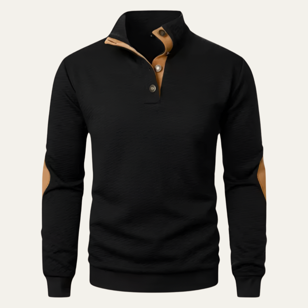 Black quarter-zip knit sweater with ribbed cuffs and collar, contrast leather-look placket