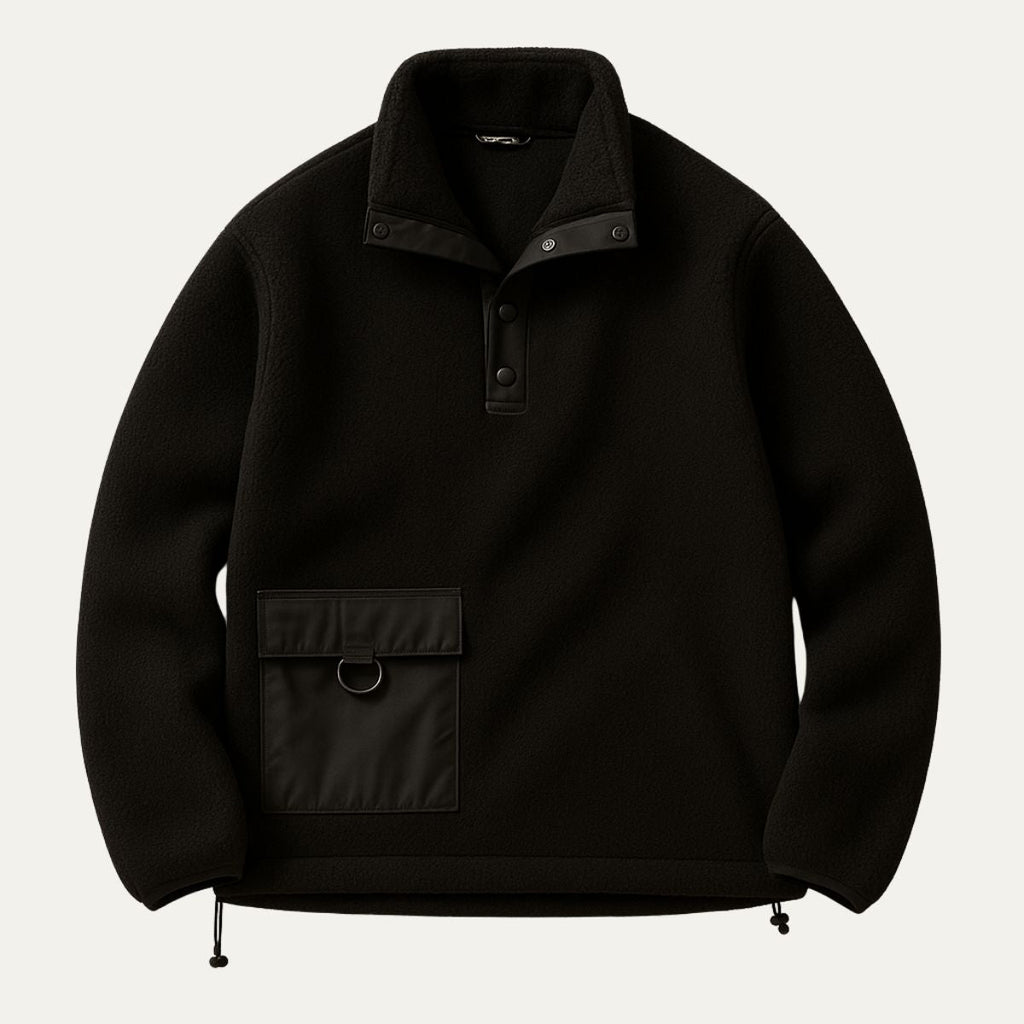 Black fleece quarter-snap pullover with mock neck and chest pocket